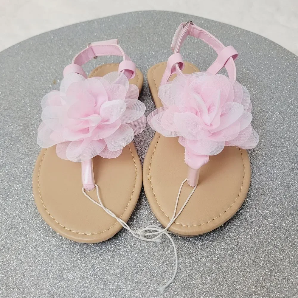 Pink Spring Flower Thong Sandals Ankle Strap Toddler Girls Size Large 9 - 10 New